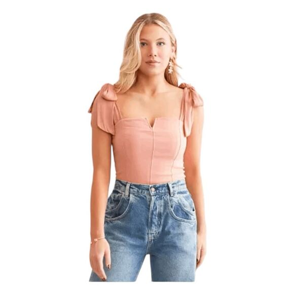 Free People Intimately Lola Ribbon Tie Bodysuit Coral Peach Straps XS - Picture 2 of 10
